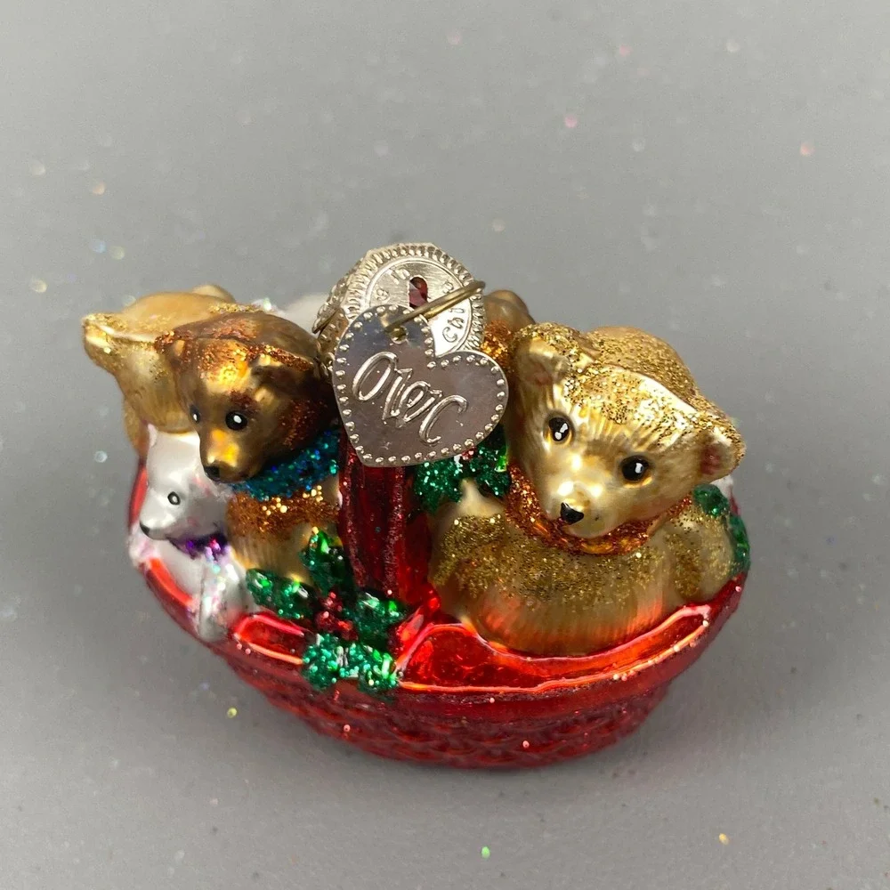 Old World Christmas Glass Ornaments Teddy Bear Basket & Pink Ice Cream Cone Set